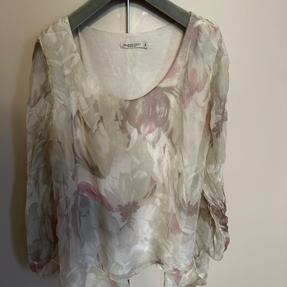 MaxMara Gray and Cream Asymmetrical Blouse with Long Sleeves